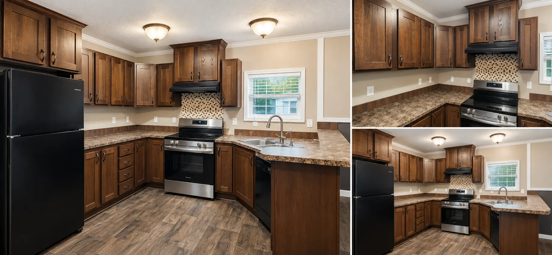 Bright Dark-Wood Kitchen Collage Starter Home. Downsizing Dream. Affordable Living. Your Move.