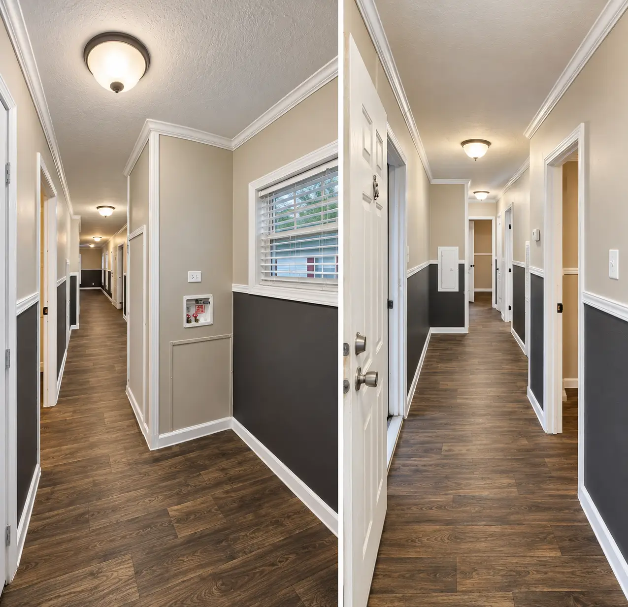 Bright Two-Tone Hallway Diptych Starter Home. Downsizing Dream. Affordable Living. Your Move.