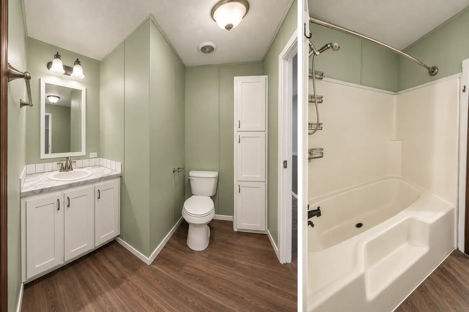 Sage Green Spa Bathroom Split View Starter Home. Downsizing Dream. Affordable Living. Your Move.